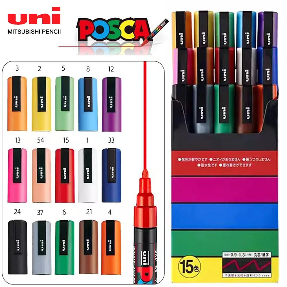 Japan Uni Posca Color Markers Set 15Color PC-3M Acrylic Drawing Painting Pens Pencil Artists School Acsesories Back To School