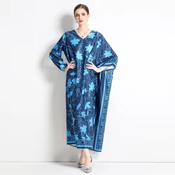 2023 NewFashion European and American style Summer Spring Women Print Loose Casual V Neck Long Sleeve Holiday Beach Boho Dresses