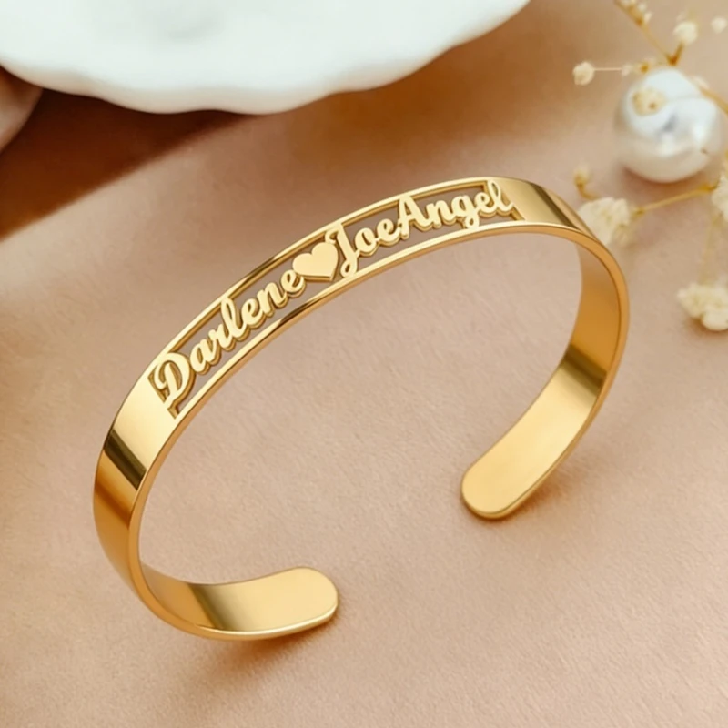 

Custom Hollow Letter Heart Cuff Bracelet High Polished Stainless Steel Engraved Name Bangle Minimalist Personalized Jewelry Gift