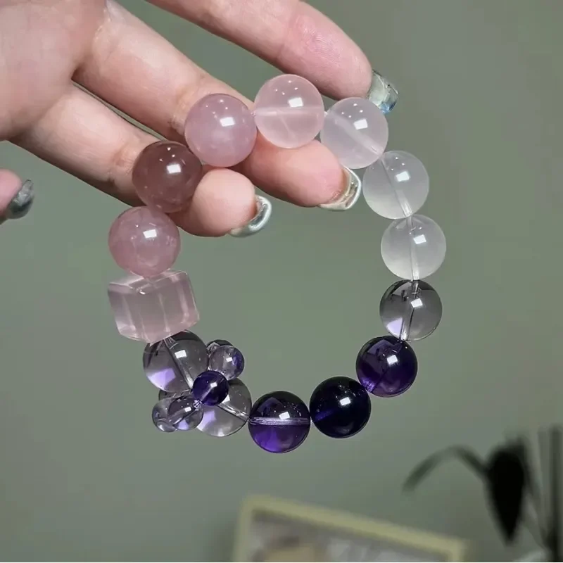 Natural amethyst gradual change powder crystal transparent white crystal bracelet light luxury design sense niche beaded