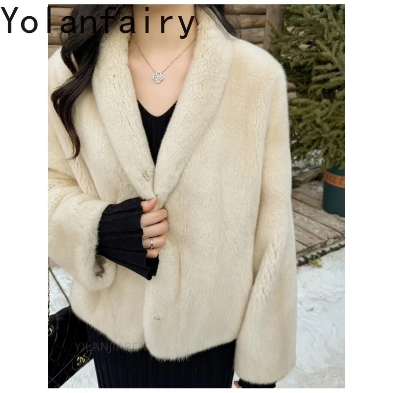 YOLANFAIRY 2026 Winter Fur Jacket Purple Label Velvet Mink Fur Coat Women Short Furry Overcoat V-neck Tops Outerwear Whole Mink