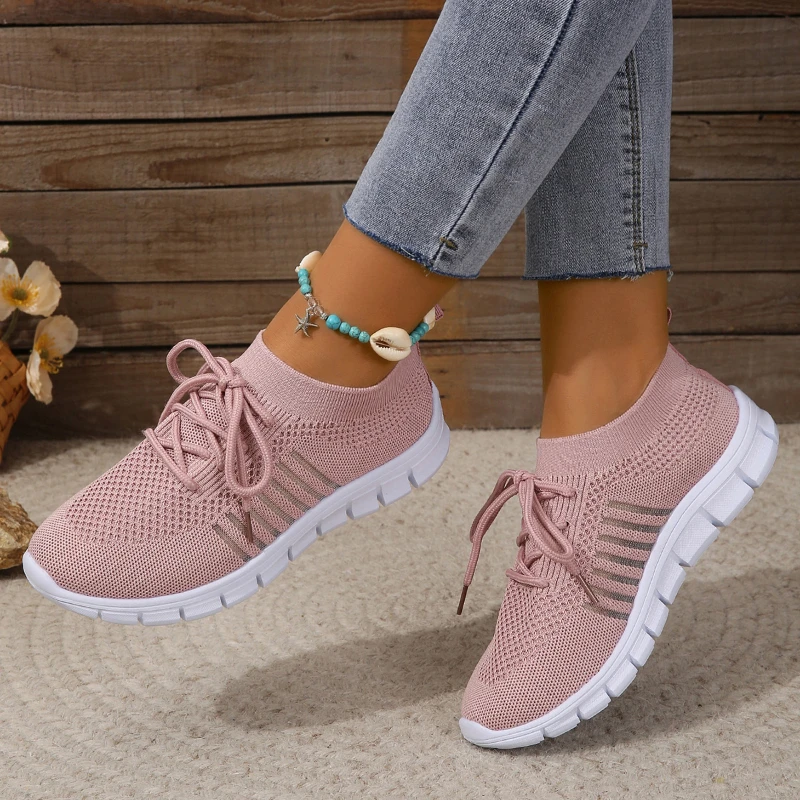 2024 Summer Mesh Casual Shoes Breathable Slip on Lightweight Sports Sneakers Women Lace Up Fashion Comfortable Walking Shoes