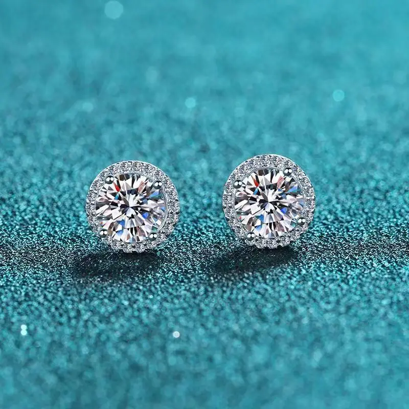 

High Quality Moissanite Earrings For Women Surround 1 Carat D Color D VVS1 Round Cut 925 Sterling Silver Platinum Plating