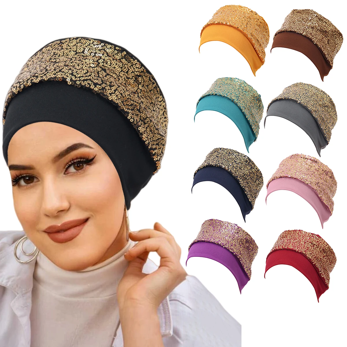 2026 New Sequins Muslim Headwrap Bonnet Hijab Turban Caps Women Chemo Hat Head Scarf Female Hair Loss Cover Beanies Cap