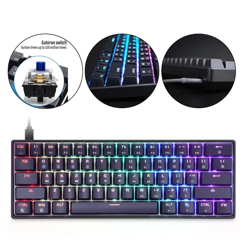 Top! GK61 SK61 61 Key Mechanical Keyboard USB Wired LED Backlit Axis Gaming Mechanical Keyboard Gateron Optical Switches For