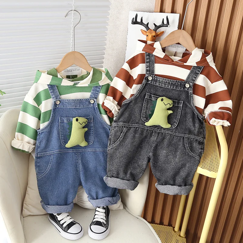 

Spring and Autumn 2023 New Boys' Suit, Striped Long-sleeved T-shirt, Strappy Casual Pants Two-piece