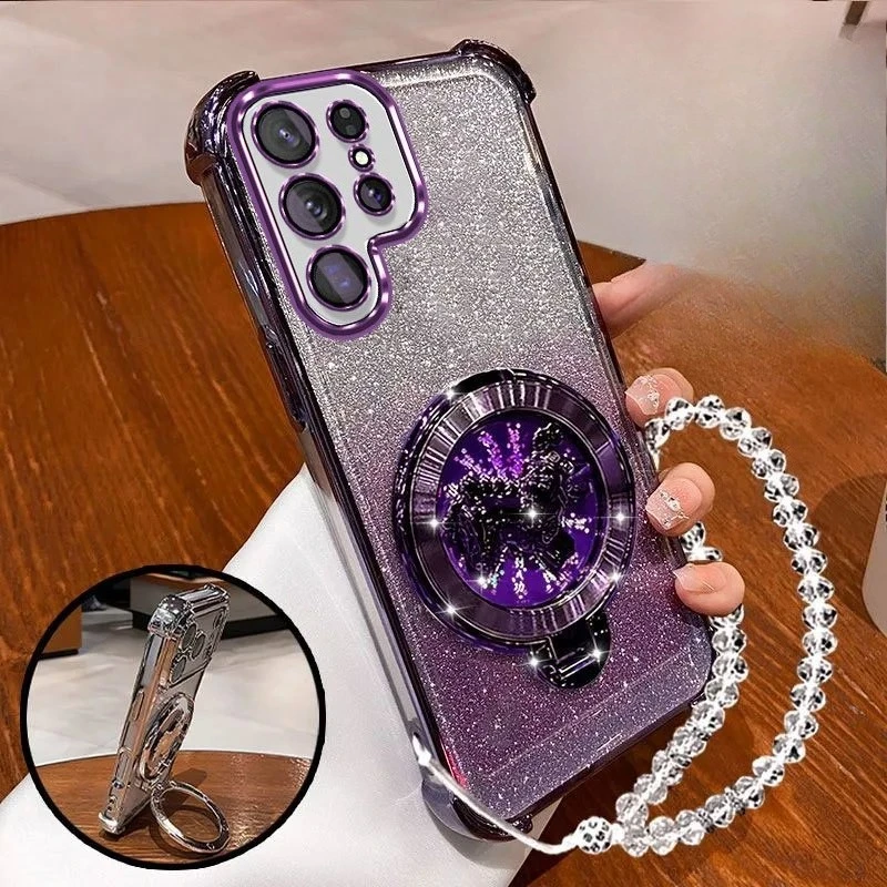 Glitter Shockproof Plating Pony Bracket Bracelet Case for Samsung Galaxy S26 S25 Edge S24 S23 S22 S21 S20 Ultra Plus FE Cover