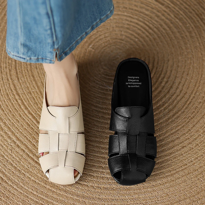 2026 new spring summer women mules natural leather 22-25cm weave sheepskin+pigskin round toe height incresing women sandals
