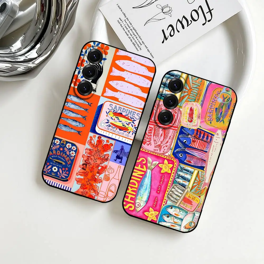 Canned Sardines Phone Case Silicon Phone Case For Samsung S24, S25 S22,S30,Note20,Lite,Ultra,Shockproof, Black,Case