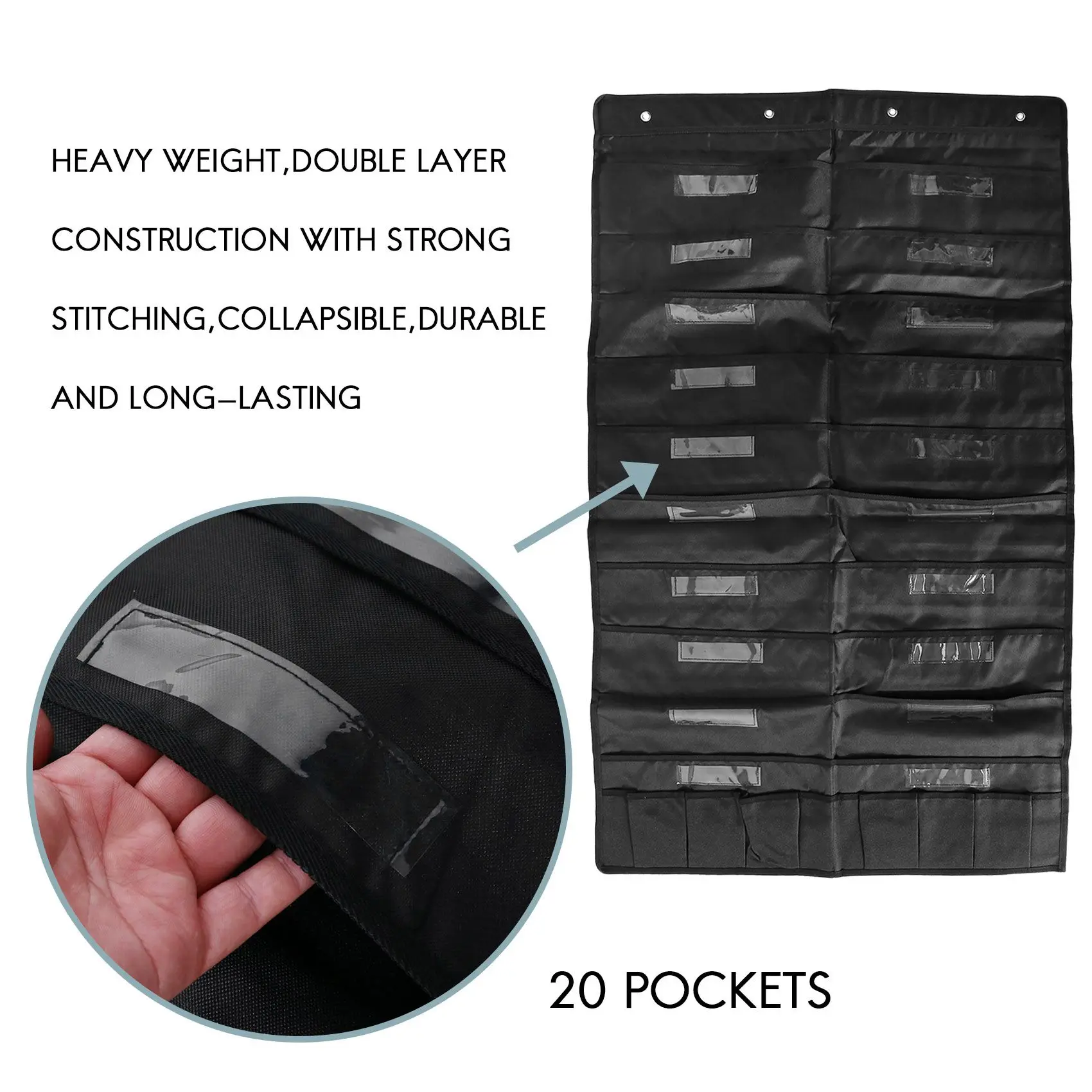 منظم ملفات معلق للباب مكون من 20 جيبًا مع علامة اسم، مخطط جيب للتخزين على الحائط باللون الأسود مع 4 شماعات، رائع للفصول الدراسية والمدرسة، H