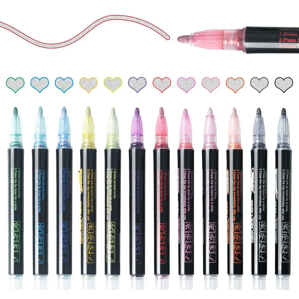 12Colors Glitter Double Line Pens Writing Drawing Graffiti Marker Pens DIY Craft