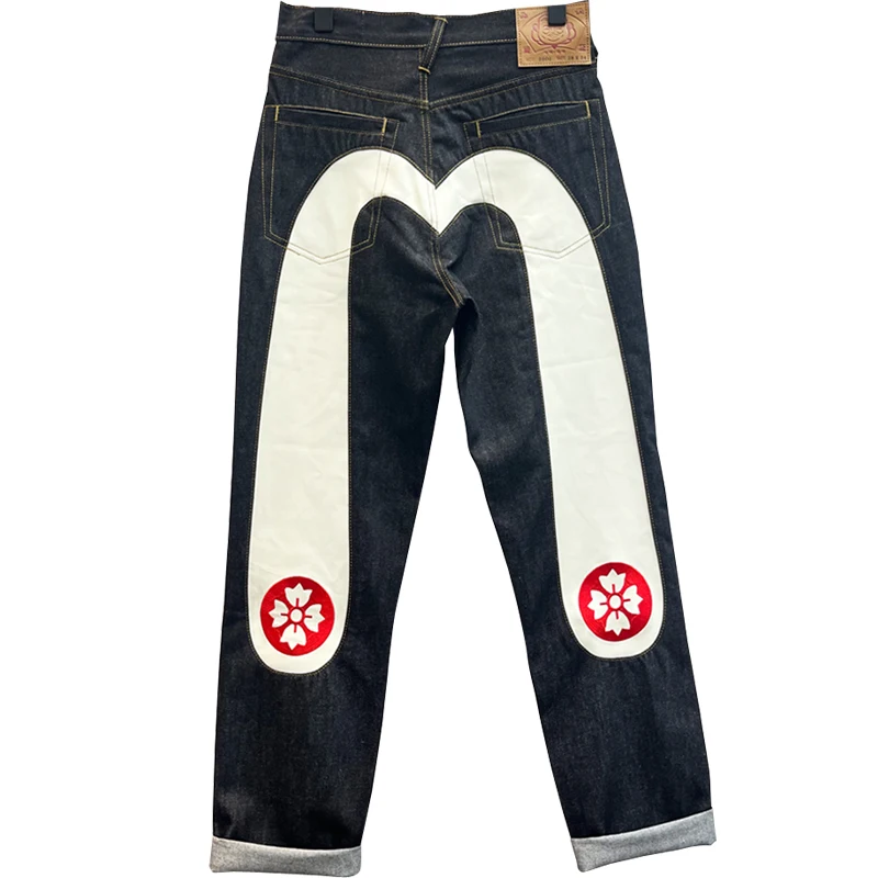 Original Color Men's Jeans Large Size Washed Denim Slim Fit Embroidered Large White Cherry Blossom Loose Straight Stitched