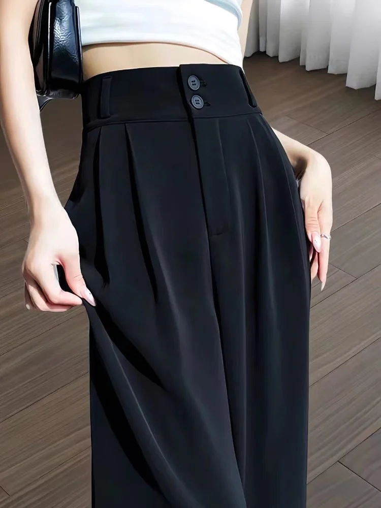 High Waist Straight Leg Suit Pants for Women Pear Shape Body Black Slim Fit Drapey Wide Leg Trousers Casual Polyester Fiber