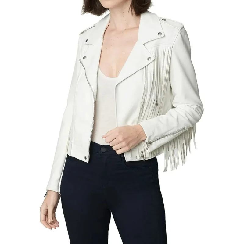 Women  Leather Jacket White Lambskin Genuine Leather Western Style Fringe Coat