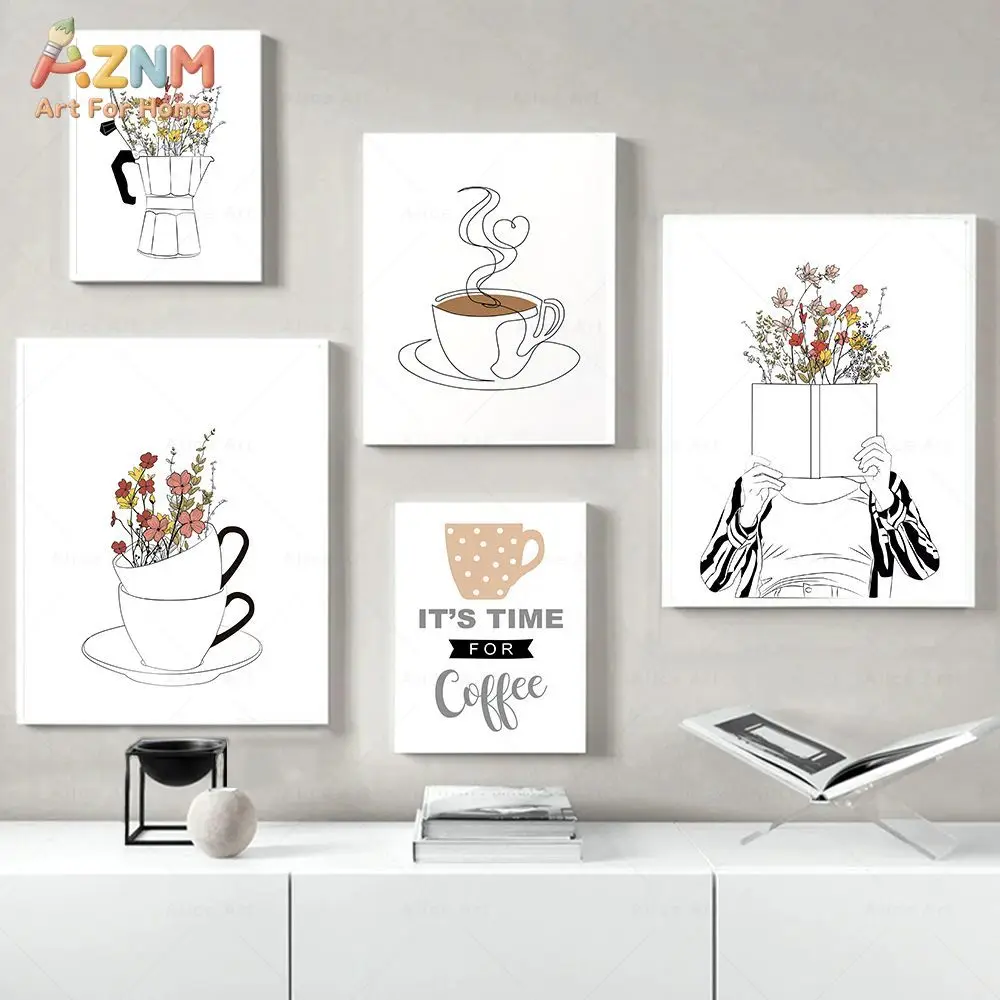 AZNM Minimalist Line Art Coffee Wildflower Canvas Poster, Frameless Moka Pot Cup Floral Print Wall Art For Chic Modern Kitchen C