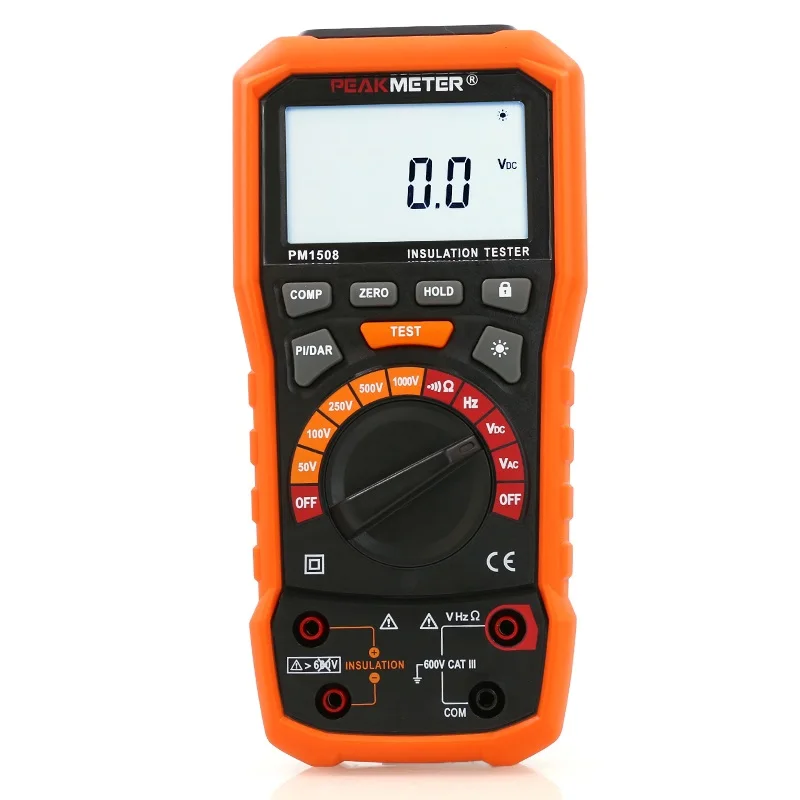 Peakmeter PM1508 Digital Insulation Resistance Tester 100GOhm Megohmmeter Auto Range Multimeter Voltmeter LED indication PI DAR