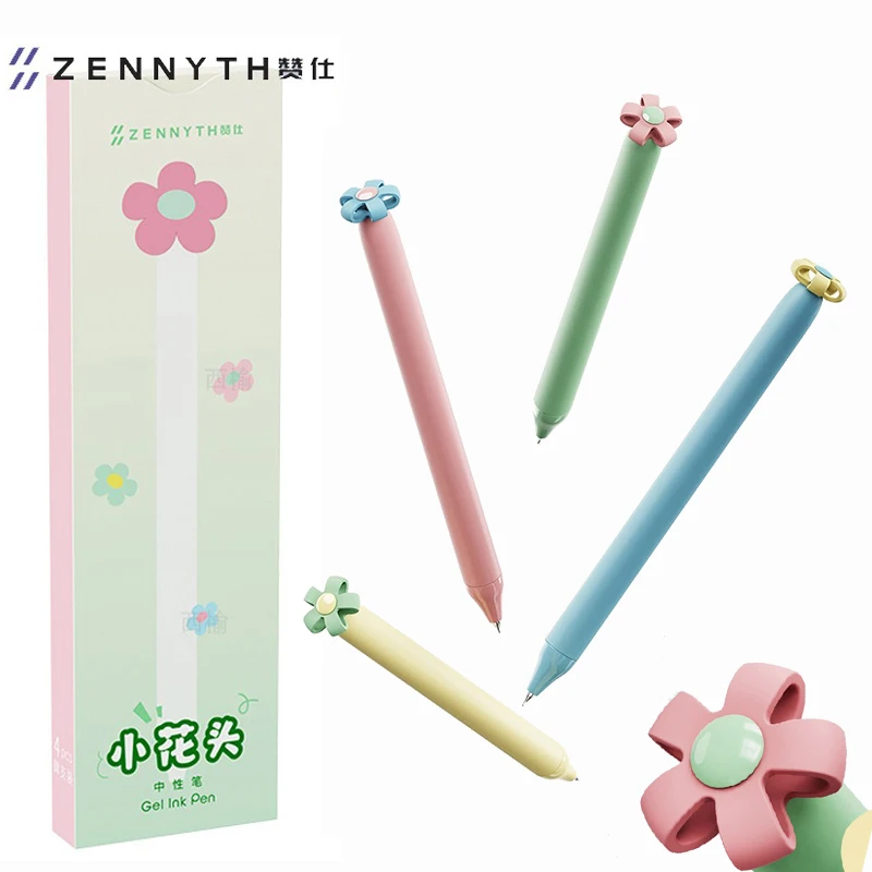 Caneta gel fofa com cabeça de flor, 4 unidades, 0.5mm, canetas de escrita suave, casa, escola, escritório, decorações de festa, papelaria prática para mulheres e meninas