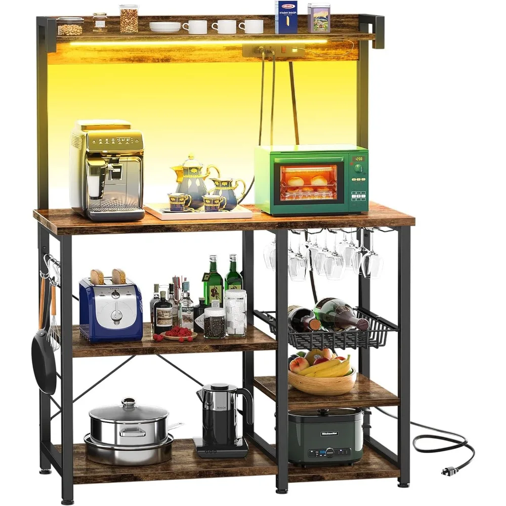 Bakers Rack with Power Outlet, Microwave Stand, Kitchen Storage Shelf with Led Lights, Coffee Bar Station with Wine Glass Holder