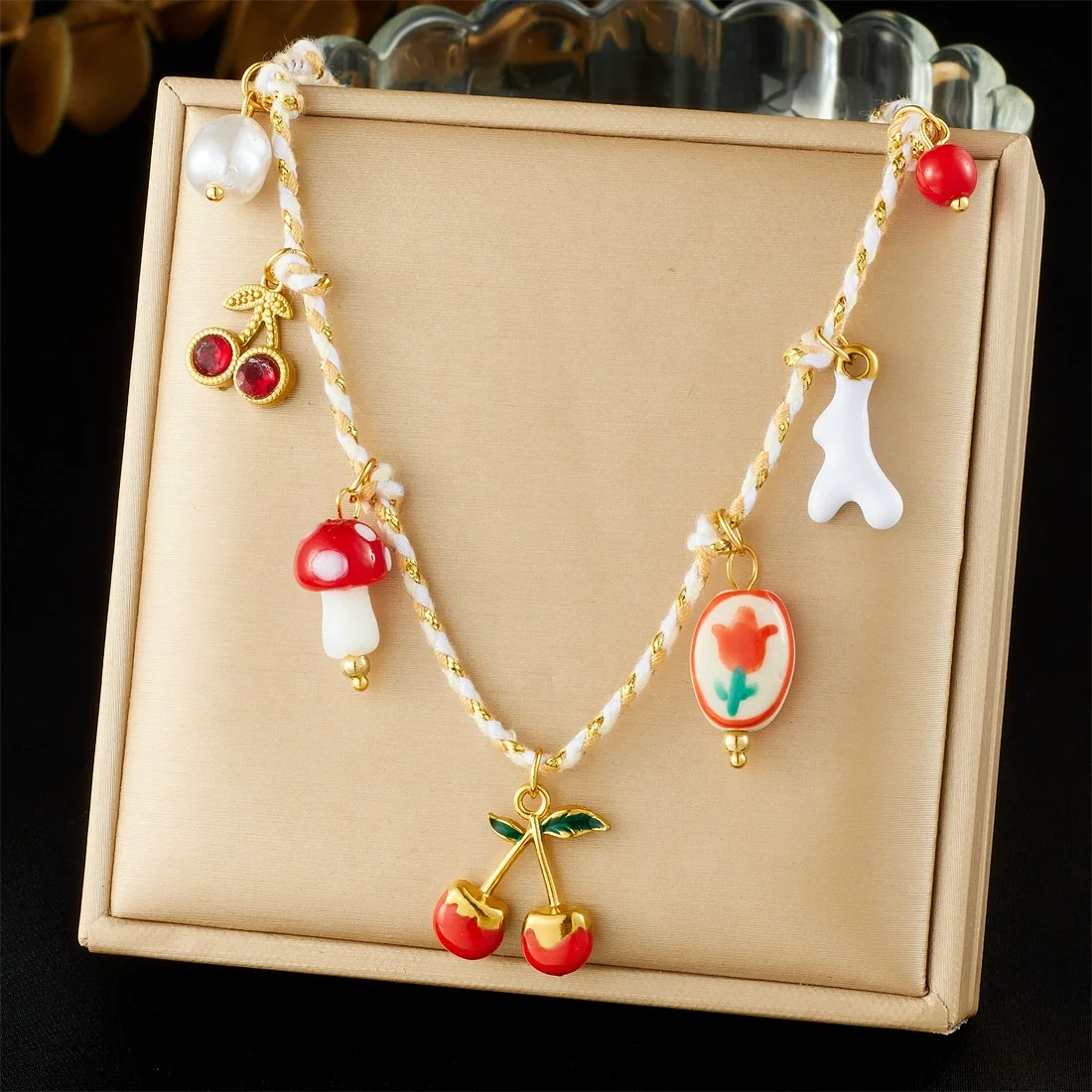 

Twine Cord Cute Charm Necklace Cherry Mushroom Tulip Pearl Pendant 316L Stainless Steel Women Sweet Jewelry