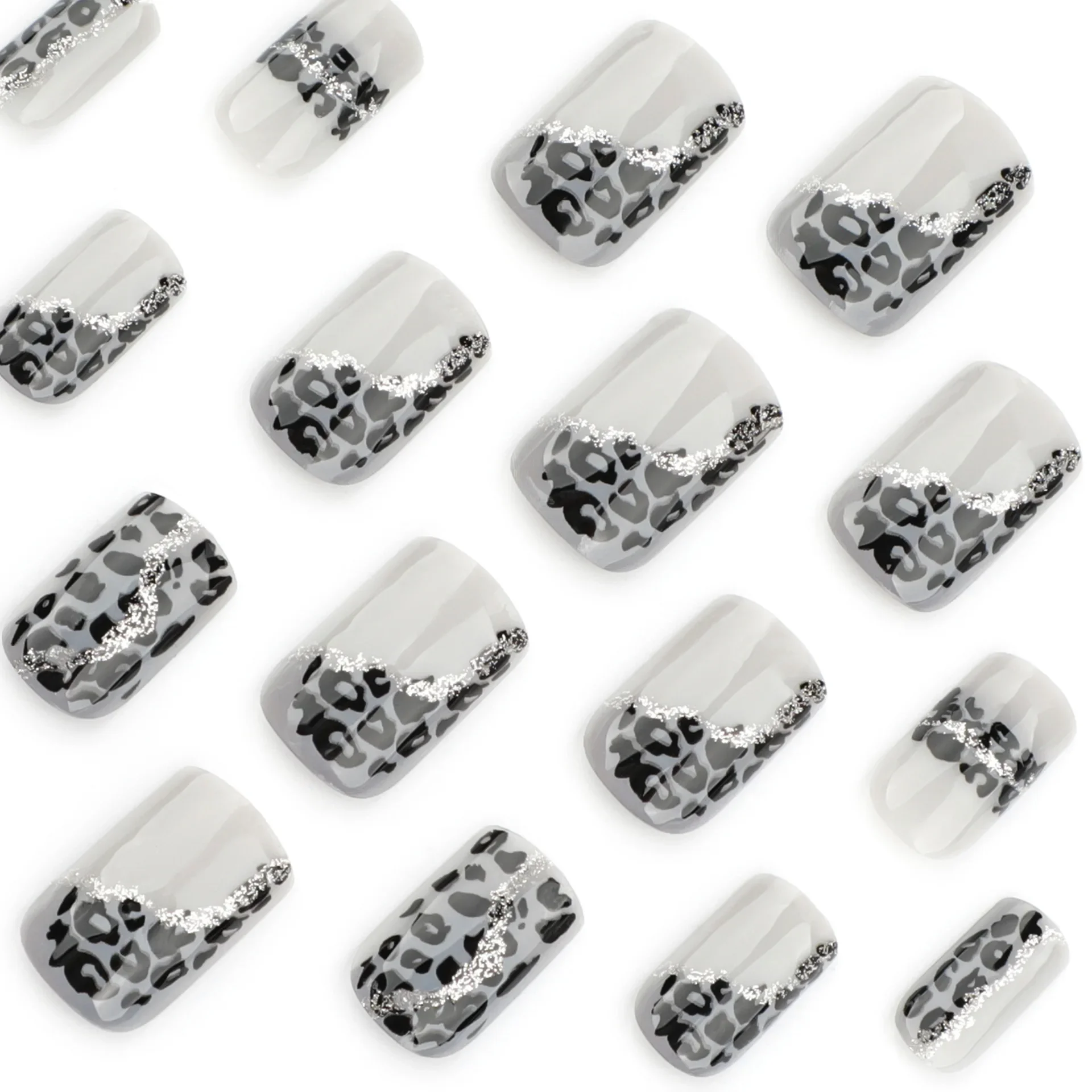 Dressy Black Leopard Print Grey Nail Art Glitter Powder Chic Fake Nails Detachable Finished False Nails Press on Nails Supplies