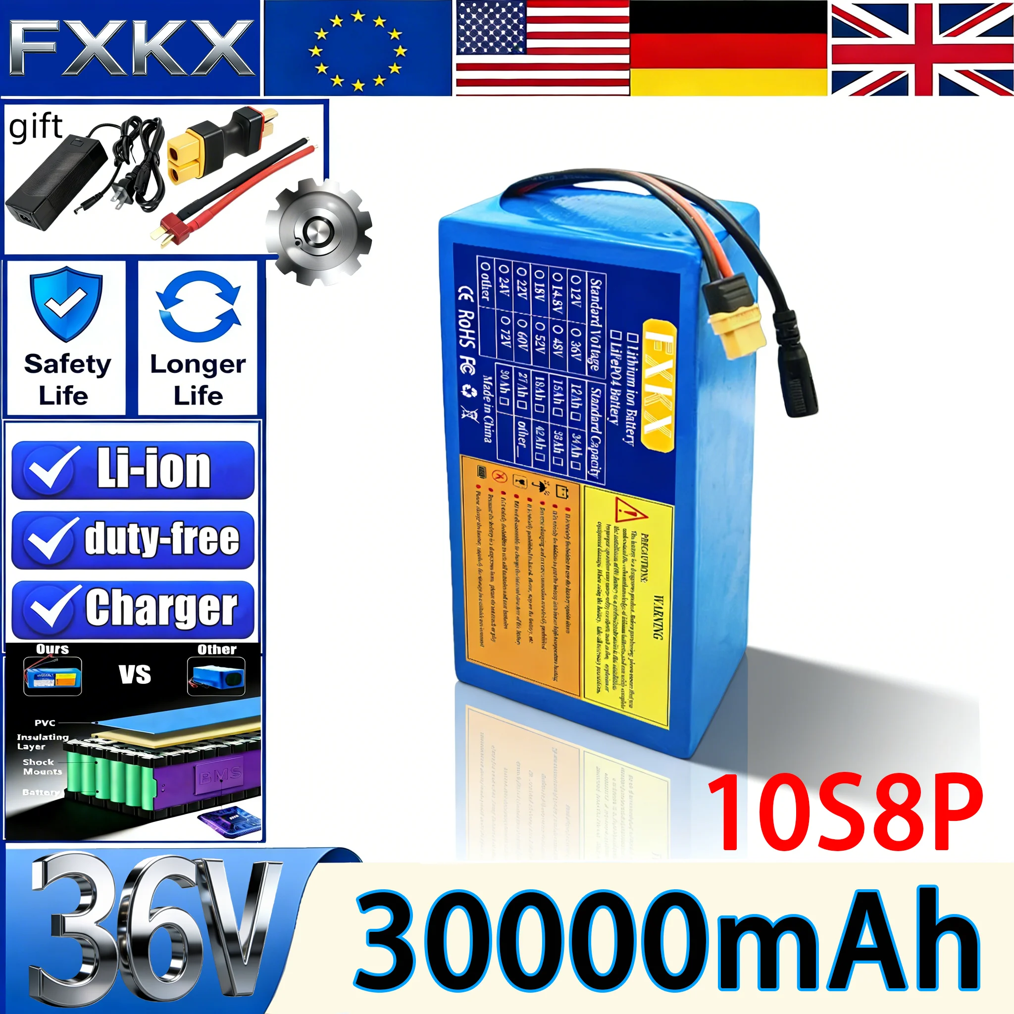 36V 30Ah 18650 10S8…