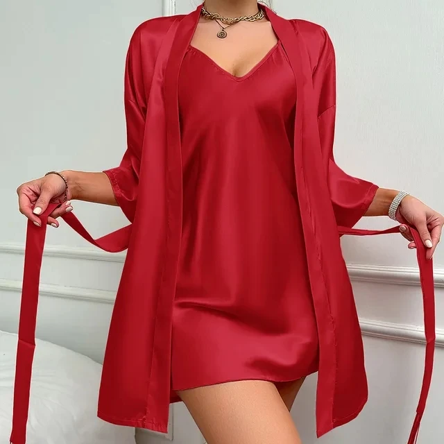 Seidensatin-Nachthemd-Set für Damen, ärmellos, V-Ausschnitt, Kleid und Viertelärmel, Taillengürtel, Robe, 2-teilig, Damen-Nachtwäsche, Nachtwäsche