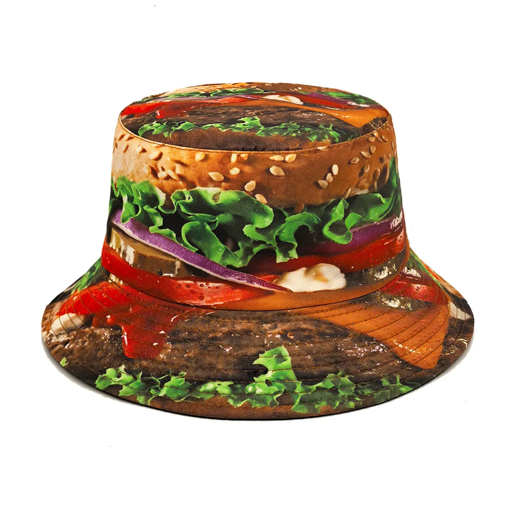 Unisex Burger Print Fisherman Hat Sun Hat with Realistic Beef Veggie Toppings Lightweight Non-Stretch Bucket for Men Women