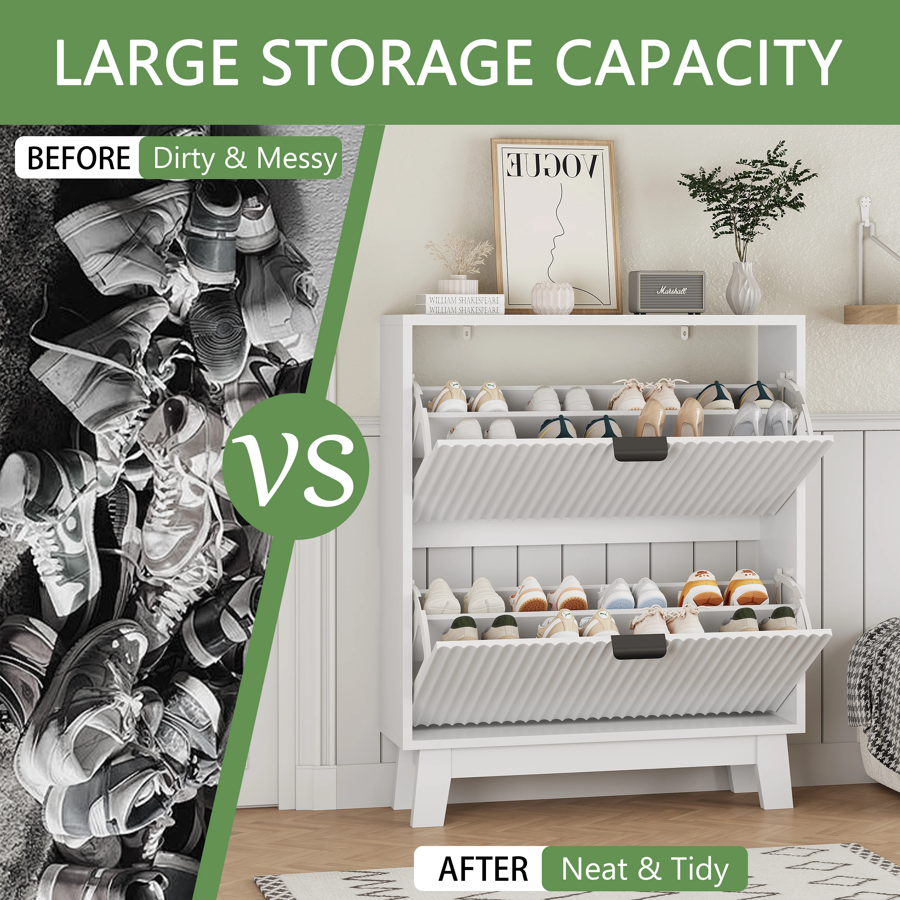 Shoe Cabinet with 2 Flip Drawers, 37" Tall Narrow Fluted Shoe Storage Organizer for Entryway, Hidden Slim Wooden Shoe Rack image 6