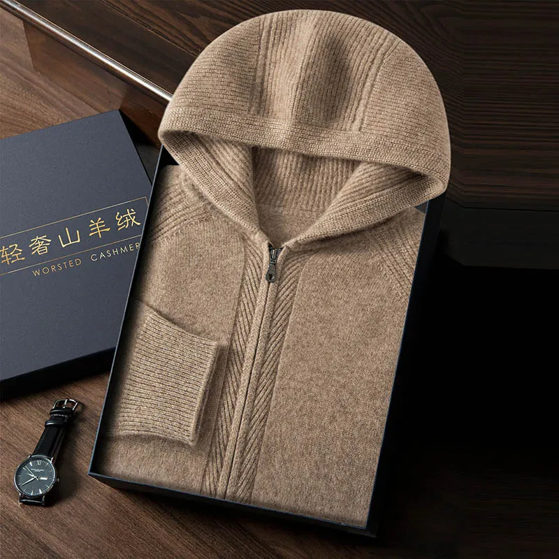 

Мужской кардиган на молнии с капюшоном, 100% кашемировый вязаный свитер, повседневная толстая толстовка с длинными рукавами, осень/зима, теплая мужская одежда