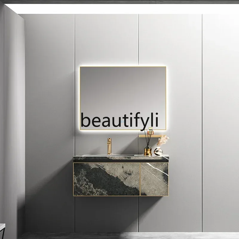 

ss K178 ss25 Light luxury rock slab integrated basin countertop bathroom cabinet intelligent LED mirror bathroom washbasin