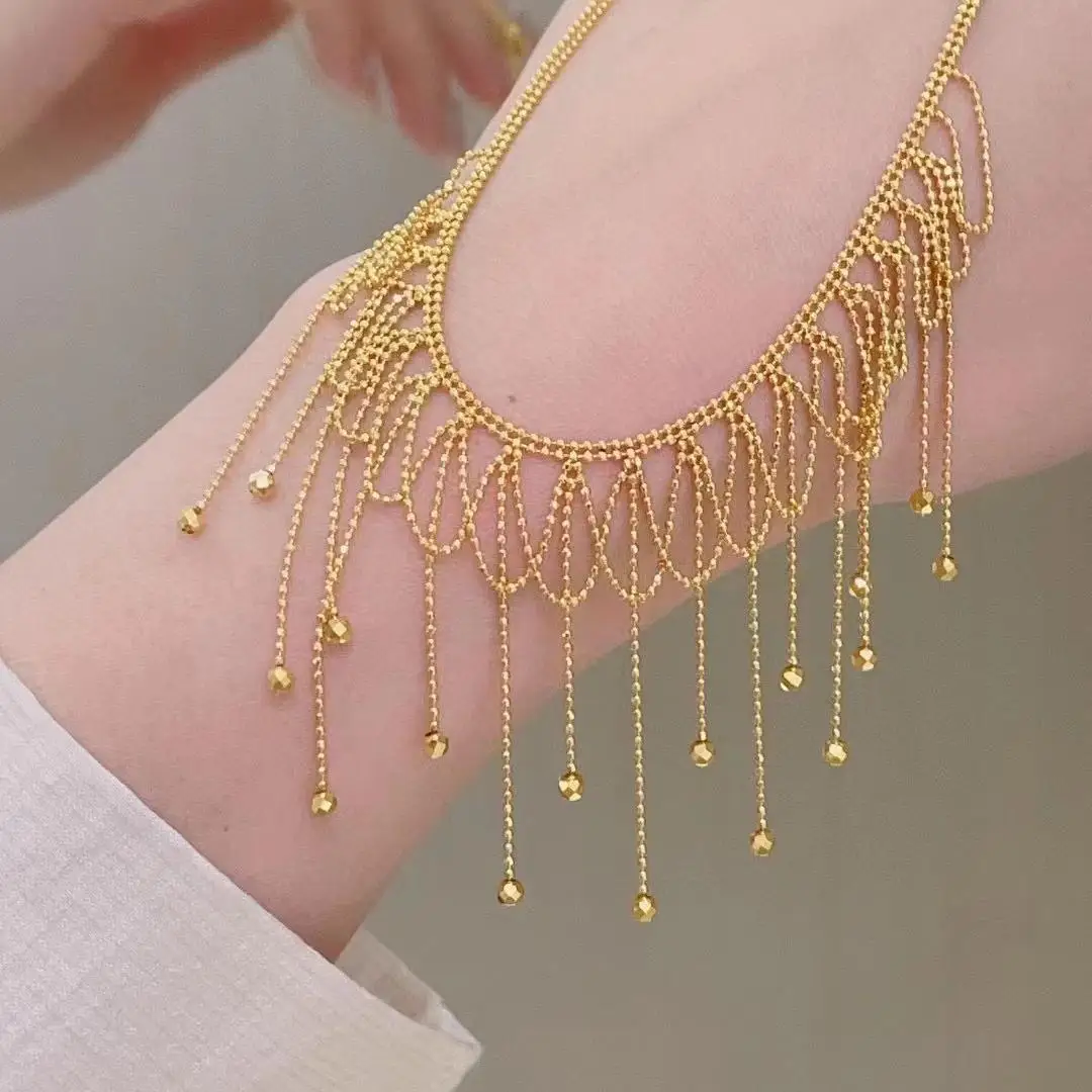 Snqp Chinese Style Lucky Gold Filigree Tassel Necklace Mesh Lace Choker Elegant Women Clavicle Chain Good Luck Blessing Jewelry