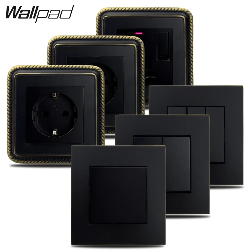 WALLPAD Matte Black Wall Light Switch EU Korean Electrical Socket Power Outlet Handcrafted Vintage Copper Panel Lase Edge