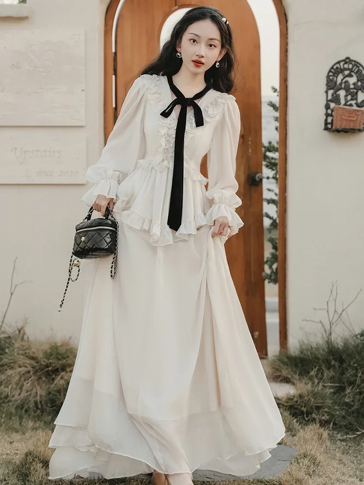 

Spring Fashion Dresses for Women High Quality Bow Lace-up V-Neck Ruffle Elegant Vestidos mujer Flare Sleeves Retro Casual Robe