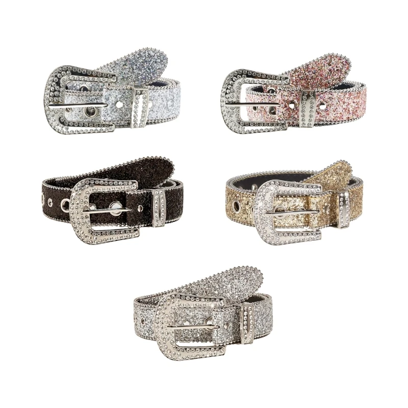 Delicate Adjustable Buckle Belt Woman Harajuku Full Sequins Waist Belts Cowgirl Y2k Girls Belt for Jeans Men