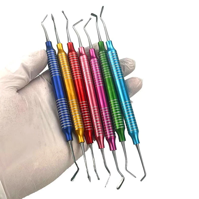 Kit de 7 spatules dentaires colorées pour composites, manche épais, haute qualité, outil de restauration dentaire