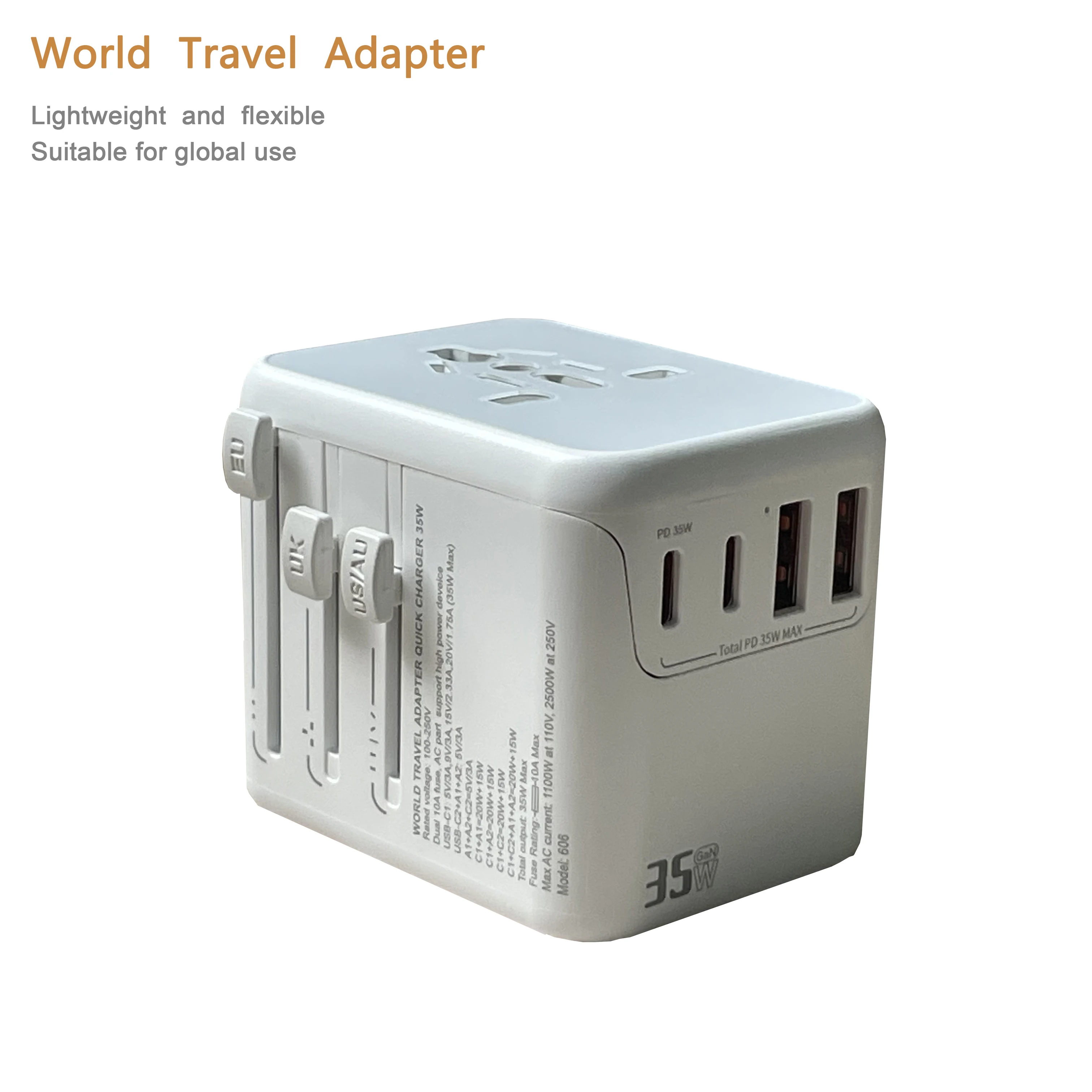 PD 20-35w International Power Adapter GaN 2 type-C&USB Fast Charging Travel Charger,Outlet Travel for Europe EU UK USA AU
