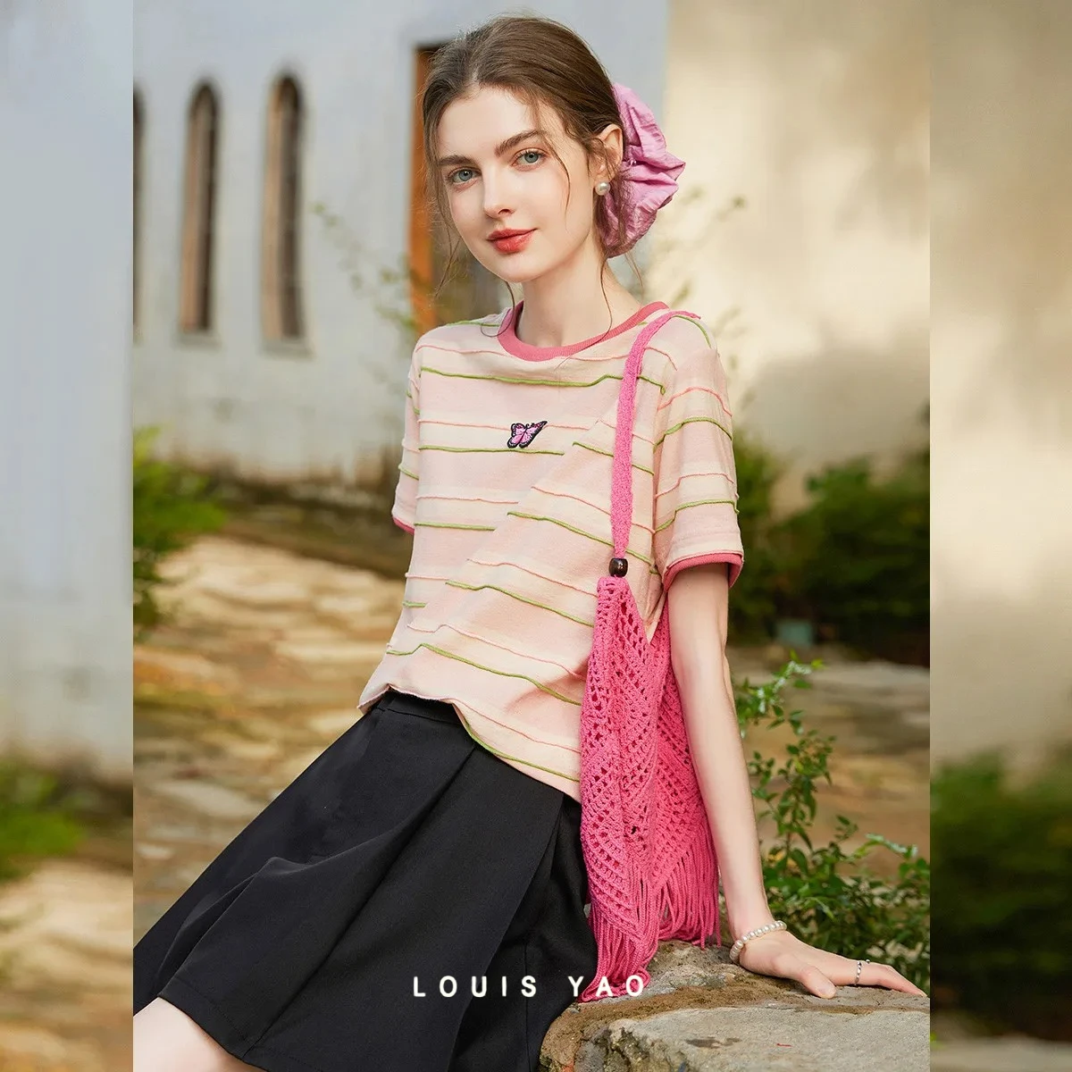 LOUIS YAO Striped Contrasting Butterfly Short Sleeved Shirt 2025 Summer New Casual Micro Elastic Round Neck Women's T-shirt