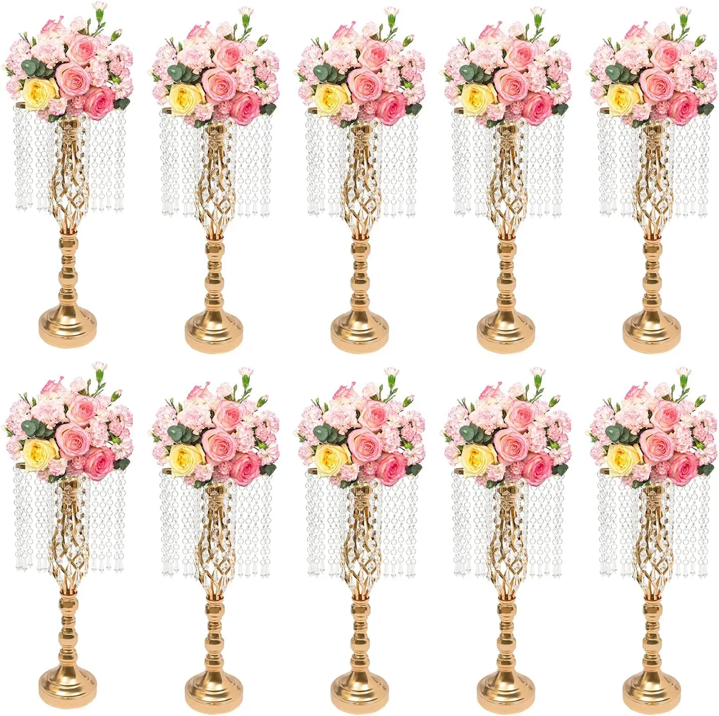 10 Pcs Crystal Wedding Flower Stand Road Lead Tall Flower Holders Centerpiece Crystal Flower Metal Flower VaseWedding Supply