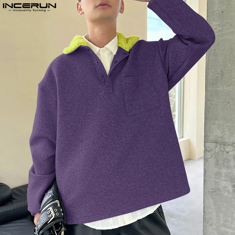 Handsome Long Sleeved Lapel Sweatshirt Well Fitting Tops INCERUN Men Color Blocking Splicing Plush Neck Pullover Male Streetwear