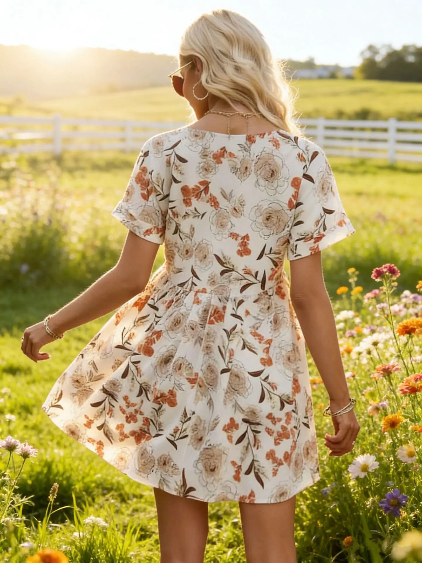 White Base Orange Floral V Neck Short Sleeve Babydoll Mini Dress, High Waist Gathered Loose A Line Sundress for Women, Lightweig view 2