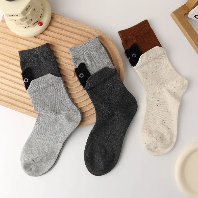 Autumn Winter Cartoon Peekaboo Cat Mid-Calf Socks Cute Cat Warm Floor Sock Color Block Funny Socks Pack for Women Men XKWZ02