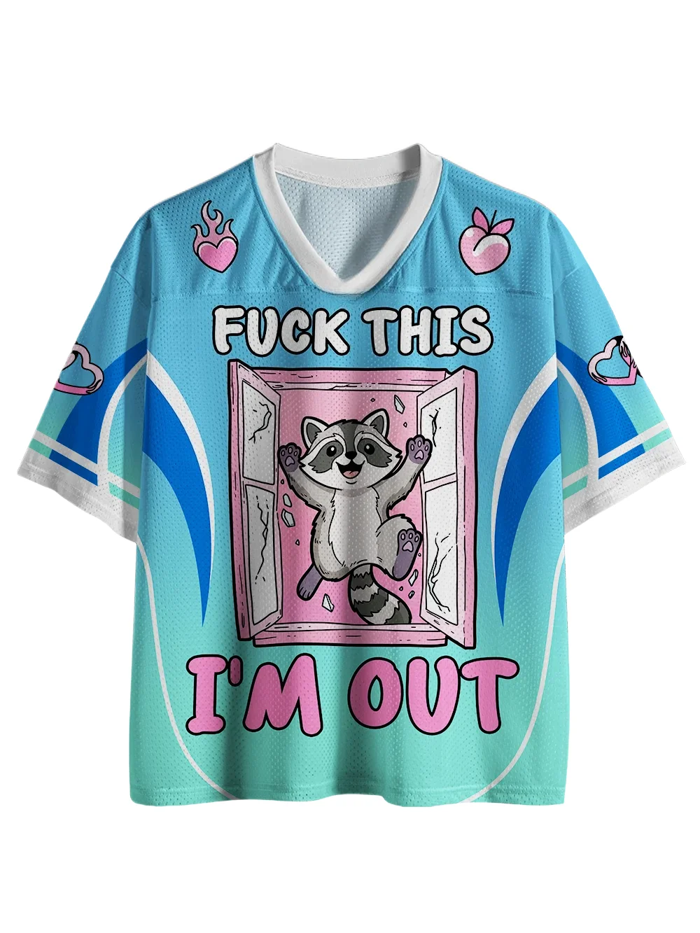 Raccoon Jumping Through A Window Print Sporty Casual T-Shirt, Y2K Aesthetic V-Neck Short-Sleeve Unisex Fun Casual Streetwear