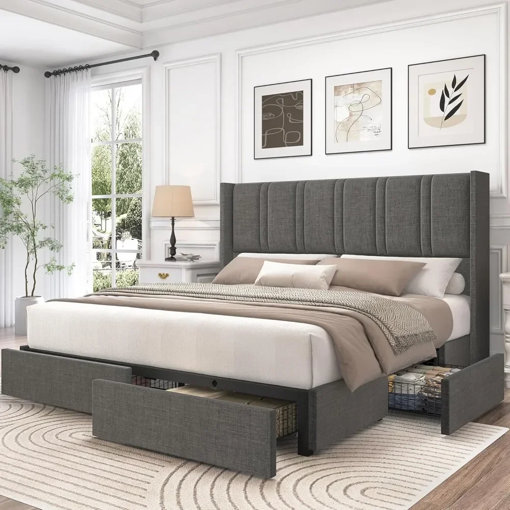 

King Bed Frame with Storage Drawers and Wingback Headboard，Linen Upholstered Platform Bed Frame，Easy Assembly，Bed Frame