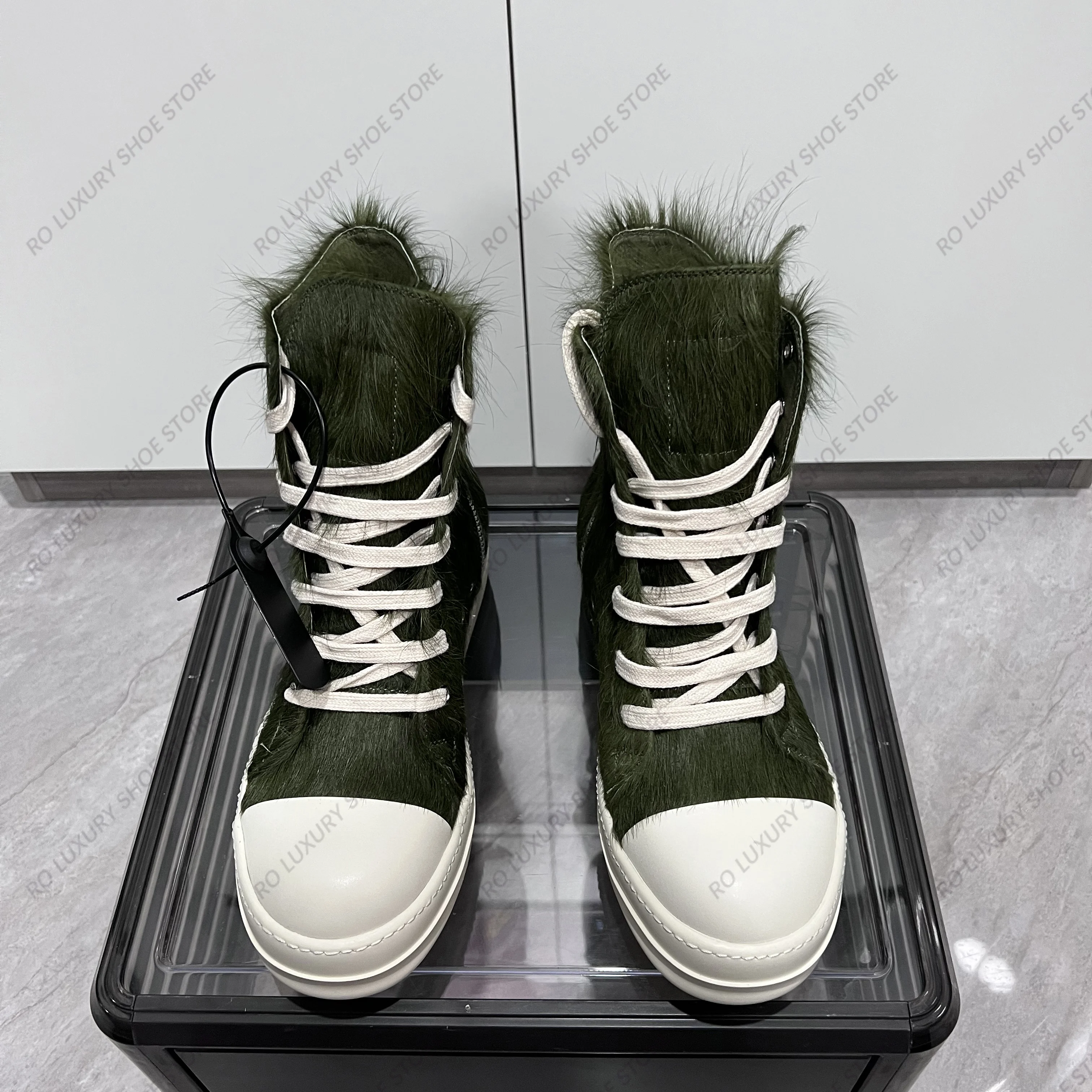 Brand Casual Men Boot Horse Fur Leather Rowen Women Sneaker Green High Top Laces Quality Designer Fashion Thick-sole Flat Shoe