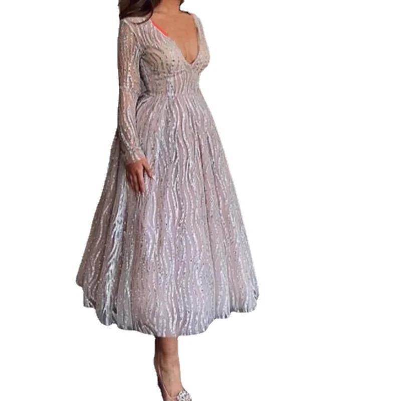 

New Arrival V Neck Long sleeve Short evening dresses 2023 Sequine Lace evening gown robe de soiree formal dress