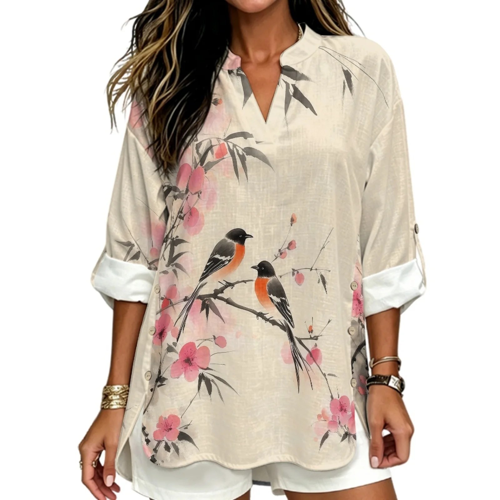 PENSTROLL Bird Cherry Blossom Linen Style Causal Shirt Roll up Casual Loose Fit Blouses for Resort Gatherings Sizes S-5XL