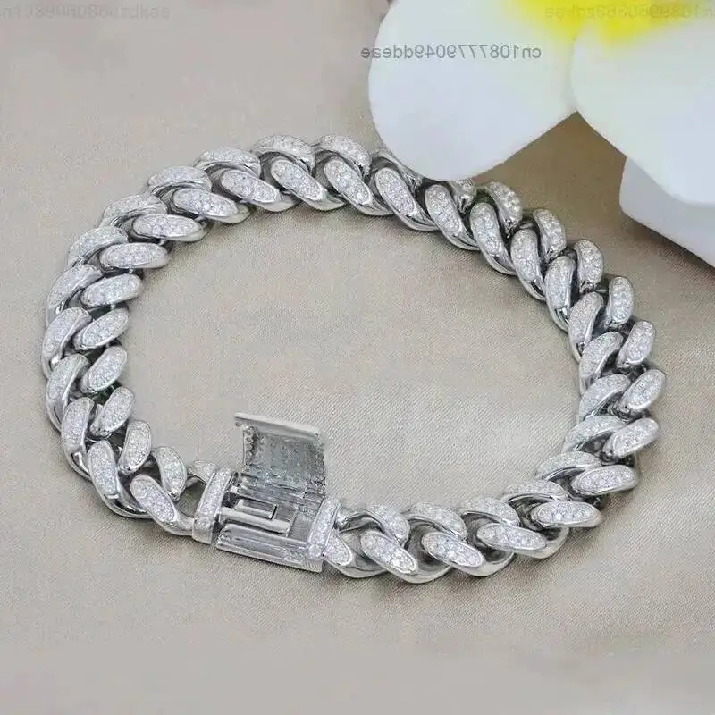 

VVS Iced Out Moissanite Diamond Cuban Bracelet 12mm 925 Sterling Silver Women Men Hip Hop Style Miami Cuban Link Chain