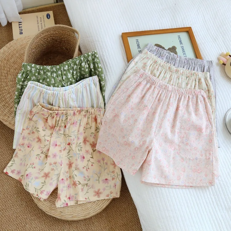 2026 New Summer Women's Lightweight Shorts 100% Pure Cotton Double Layer Gauze Cute Simple Loose Printed Sweet Flower Home Pants