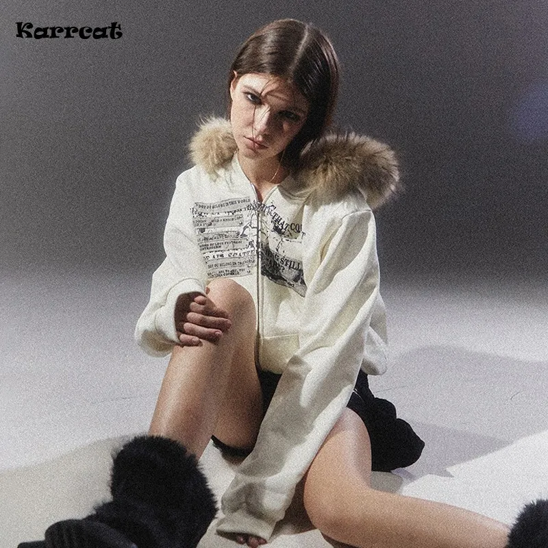 Karrcat Grunge Aesthetics Fur Coat Women Vintage Punk Style Hooded Jacket Trashy Y2k Fur Collar Zipper Outerwear American Retro