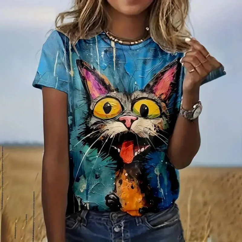 Abstract Cat Dog Pattern T Shirt For Women Fun Animal 3D Printed Short Sleeves Summer Loose T-Shirts O-Neck Tops Tees Streetwear
